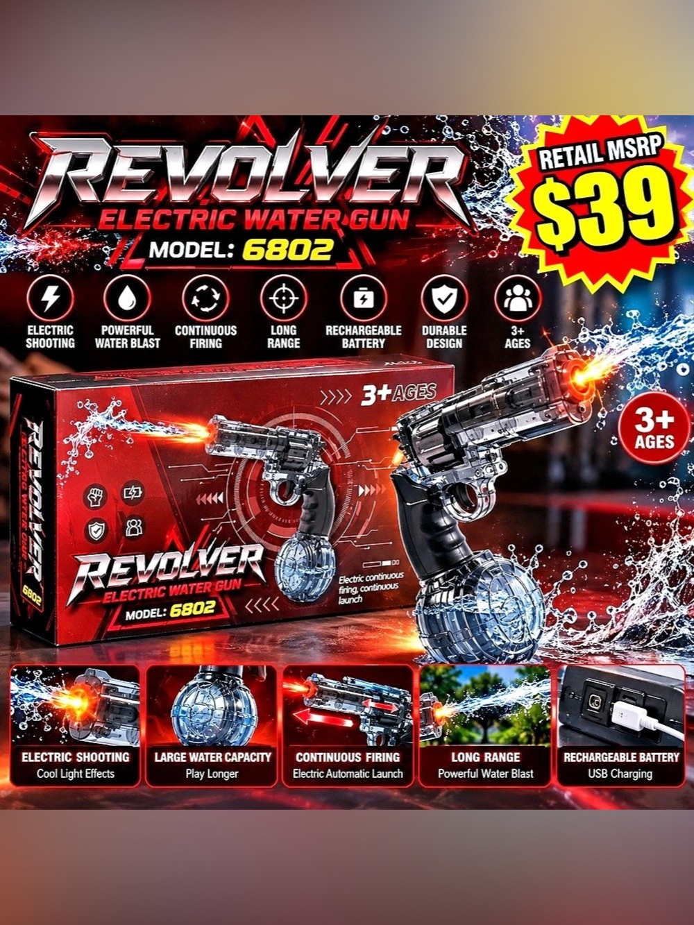 6802 Electric Water Gun Toy Black Red NWT